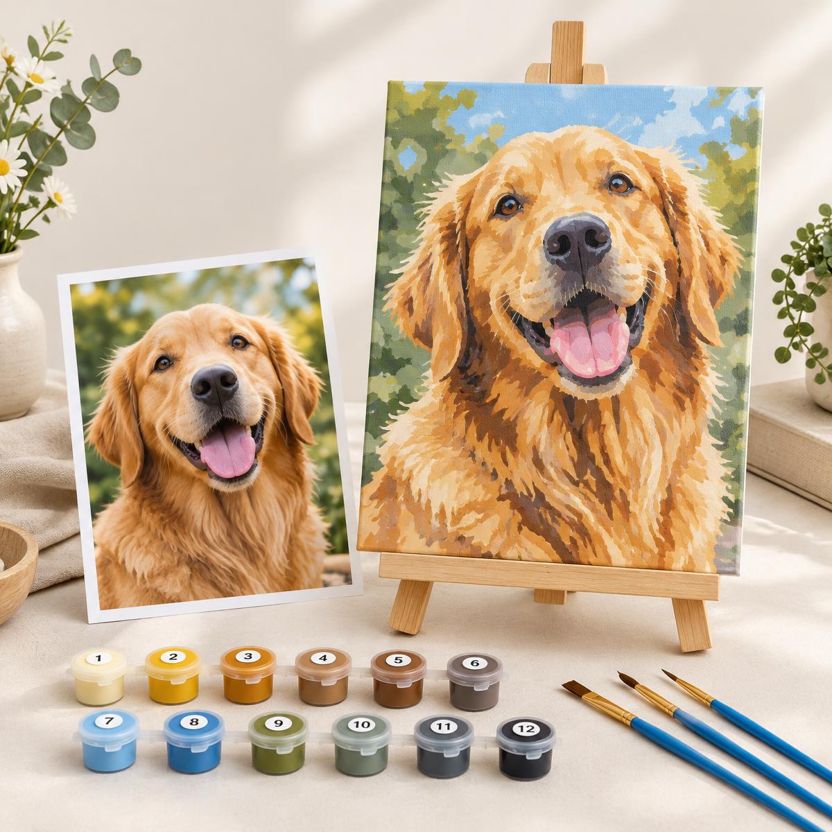A dog photo beside its custom paint by numbers canvas